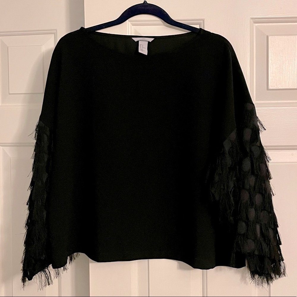 H&M black fringed flutter sleeve top size 12